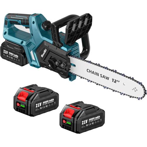 Size 12inch Color Blue  Electric Chainsaw Cordless 12-inch, Handheld Chain Saws with 2 x 4.0Ah Batteries, Tree Saw with Tool-free Chain Tension, Auto Oiling for Wood Cutting Trimming Branch