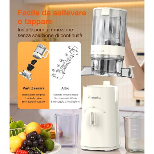 Cold Press Juicer, Zasmira Juicer Machines with Large Feeding Chute, Powerful Slow Juicer with Pulp Seperation, 99.6% Juice Purity, Easy to Clean, White