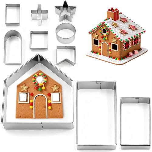 10Pcs Gingerbread House Cookie Cutters Set for Christmas Winter Holiday Baking and Decoration, Stainless Steel 3D Gingerbread House Kit for Kids Adults, Gift Package