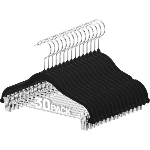 Black 30 Pack Felt Hangers with Clips, ZOUTOG 12 inch Toddler Hangers for Infant Boys & Girls, Baby Hangers for Closet Organizer
