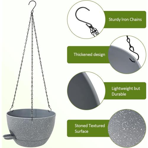 WOUSIWER Self Watering Hanging Planters, 2 Pack 10'' Plastic Pots with Drainage Holes & Reservoir Tray (Speckled Grey) | Indoor & Outdoor Use for Ferns, Ivy, Herbs, Succulents