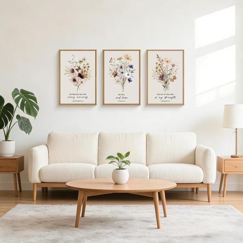 Boho Christian Floral Scripture Wall Art Set of 3, Bible Verse Flower Painting, Religious Wildflower Artwork for Living Room, Bedroom, Fireplace, Modern Botanical for Home Decor- 24X36