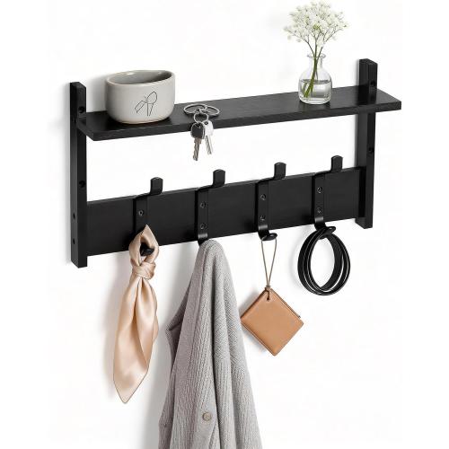PEKER Coat Rack Wall Mount with Shelf, Solid Wood Entryway Organizer with 4 Metal Hooks, Wall-Mounted Organizer for Entryway, Bathroom, Bedroom & Kitchen, Hanging Rack for Coats, Hats, Bags & Towels
