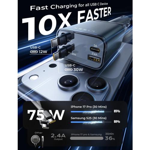 LISEN Retractable Car Charger USB C [Upgraded Dual Type C] 75W Fast 4 in 1 Car Charger for iPhone 17, Gifts for Him Her Men Women, Car Accessories for Galaxy S25 S26 Phone 17 Pro Max 16 15