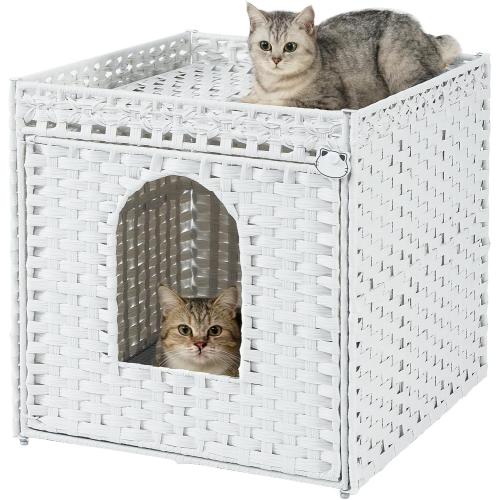 SETVSON Cat Litter Box Enclosure Furniture, Large PE Rattan, White | Large PE Rattan Kitty House fits Large Litter Boxes, Top Fence, Included Litter Mat, 2 S-Hooks, Sturdy Metal Frame