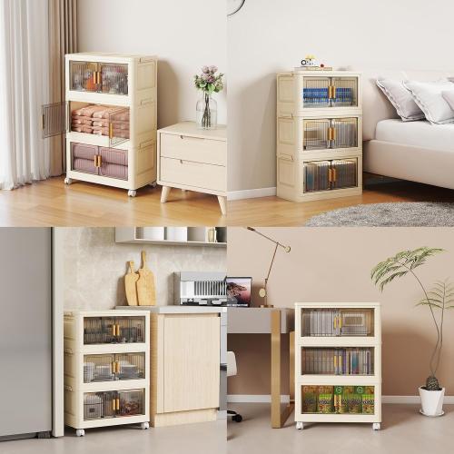 3 Tier Stackable Plastic Storage Bins with Lids 48QT, Collapsible Closet Organizers and Storage with Wheels for Living Room,Office,Dorm