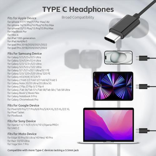 USB C Headphones for iPhone 15 16 17,for Samsung S20-S23 A53 A54 Type C Wired Earbuds,Built-in Microphone Hi-Fi Bass Earphones,4.9ft Long Cord Magnetic in-Ear Ear Buds with 6 Ear Tips(Black)