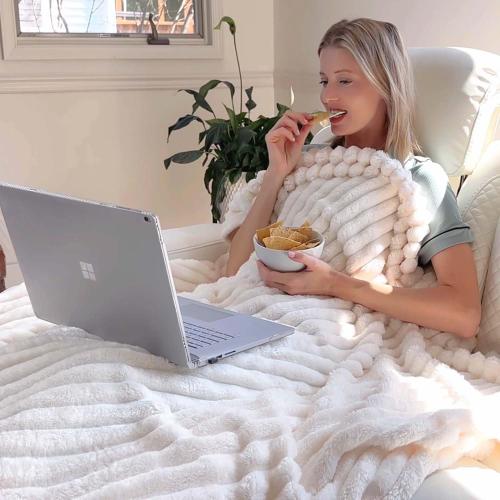 BEDELITE King Size Blanket for Bed, 300GSM Soft & Warm Fleece Blanket, Decorative and Giftable Striped Cream White Blankets for Women, Men, 108x90