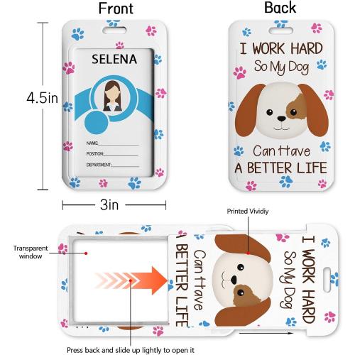 Cute Dog Badge Holder with Retractable Reel, Funny Id Card Badge Case with Carabiner Clip Heavy Duty, Vertical Card Name Tag Badge Protector Cover for Work Office Nurse Teacher Women Student Gifts