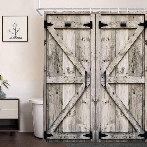 NYMB Rustic Wooden Vintage Wood Shower Curtain, Farmhouse Country Barn Door Shower with 12 Hooks, Waterproof Garage Cabin Curtain, 48X70