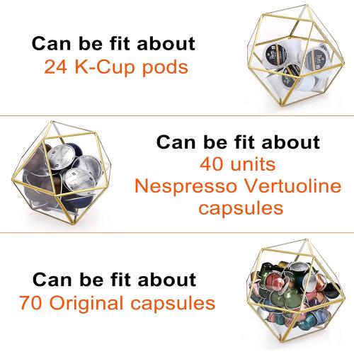 ELLDOO Gold Glass Coffee Pods Holder, Large Capacity 14 Sided Glass Box for K Cups & Nespresso Capsules, Coffee Capsule Storage for Counter Coffee Bar, Kitchen, Office