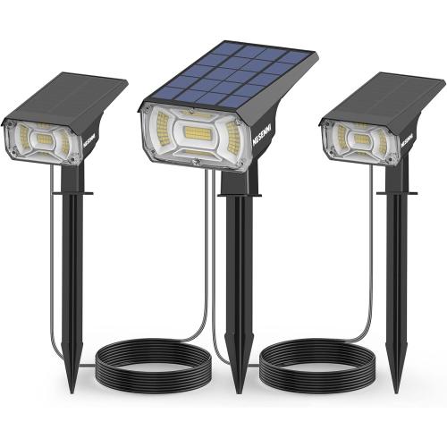 100LED Outdoor Lights - 2PCS Solar Spotlights via 9.8ft Cables(No Plug Required), IP68 Waterproof, Auto ON/Off, 3 Light Modes for Shady Areas
