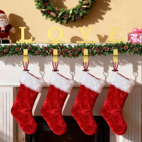 Monogrammed Christmas Stocking Holder with Initials,2 in 1 Fireplace Stocking and Garland Hanger for Mantle,2 Hooks Letter Gold Stocking Holder for Xmas Fireplace (Letter-C)