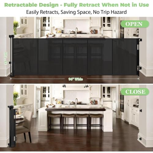 96 Inch Wide Reinforced Retractable Baby Gate with Support Rods, Extra Long Dog Gate Retractable Gate Outdoor Gates for Decks, Prevent Crawling Under Extra Long Baby Gates for Large Openings, Black