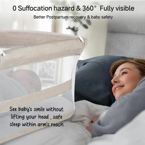 Cowiewie Bassinet Bedside Sleeper,Baby Bassinet Slides Over Bed,5-Position Height Adjustment & Breathable All-Mesh Wall Bedside Bassinet for Baby,Space-Saving Bedside Crib, Height(37.4-41.3) (Beige)