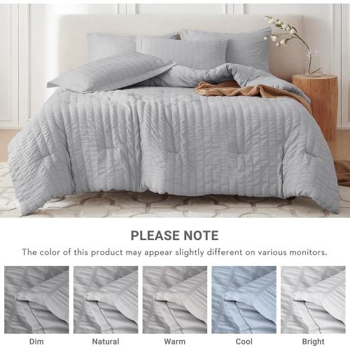 Light Grey Queen Size MUXHOMO 7 Pieces Queen Comforter Set, Seersucker Bed in a Bag Queen Size, All Season Luxury Bedding Set with Comforter, Flat Sheet, Fitted Sheet, Pillowcases & Shams, Light Grey