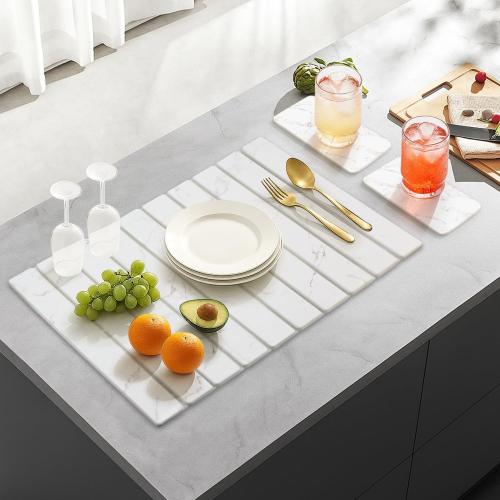 3 Pack Fast Dry Stone Dish Drying Mats for Kitchen Counter Accessories Large Diatomite Dish Water Absorbing Stone Bathroom Sink Tray Quick Dry Matt Diatomaceous Earth Pad White Marble Kitchen Mat