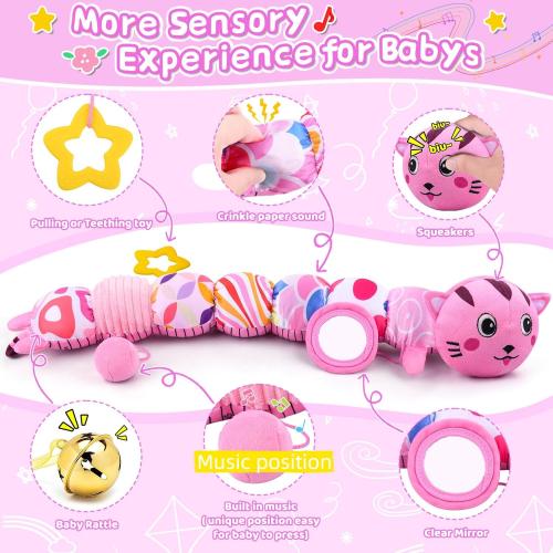 Baby Toys 0-6 6-12 Months, Stuffed Animal Infant Tummy Time Toys Sensory Toys with Crinkle Rattles Textures and Mirror Gifts for Newborn Boys Girls, Baby (Pink)