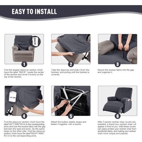 KinCam Recliner Covers, Stretch Reclining Chair Covers, Recliner Sofa Slipcovers Stripe Jacquard Recliner Couch Covers Furniture Protector Covers for Pet Kid (1 Seater, Charcoal Gray)