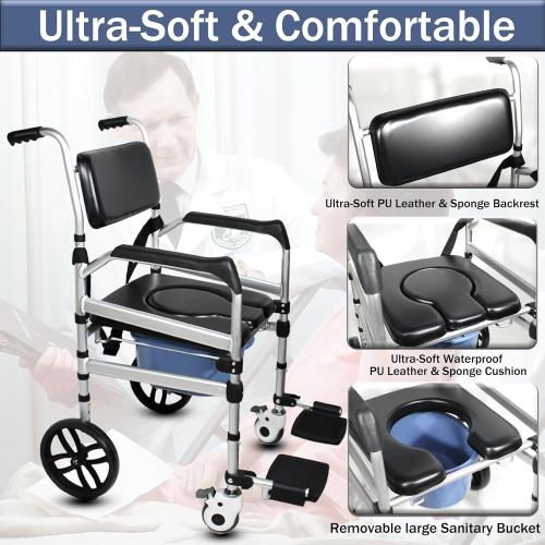 Folding Bedside Commode with Wheels, Padded Shower Chair with Bucket, Rolling Shower Commode Chairs with Soft Backrest, Bedside Commodes for Senior & Handicap