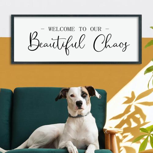 LuZhiQiang Welcome To Our Beautiful Chaos Sign Wall Decor 40×15 for Home Living Room Entryway Bedroom Large Wood Framed Wall Hanging Art (Black)