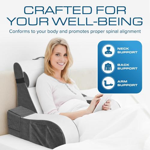 Kolbs Bed Wedge Pillow for Sleep Apnea, Acid Reflux, and Back Pain Relief, with Chic Jacquard Cover - Headboard Wedges for Sleeping (19 Wedge Reading - Grey)