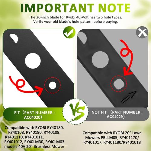 20 Inch Lawn Mower Replacement Blade Compatible with Ryobi 40V Brushless RY40180, RY40190, RY401110 Model Mowers, Replaces AC04020, Half‑Moon   Round Center Hole