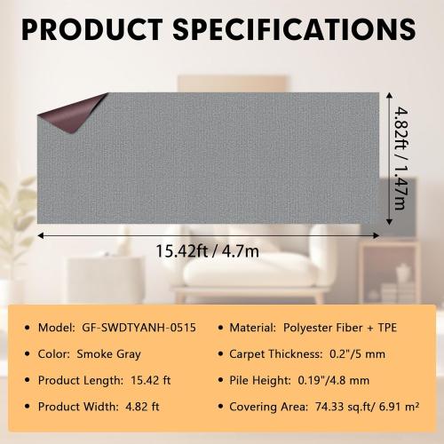 Marine Carpet,5 FT x 15 FT Smoke Gray Indoor Outdoor Carpet 0.2 Thick Boat Carpet with Water-Proof TPE Backing, Non-Slide Outdoor Marine Carpet Roll for Home, Patio, Porch, Deck