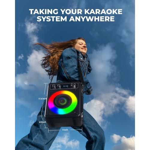 Karaoke Machine, Portable Bluetooth Karaoke Speaker with 2 Wireless Microphones, PA System for Adults Kids with LED Lights, Supports FM/AUX/USB/TF for Home Party