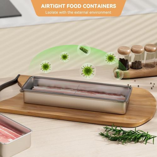 Freshmage Bacon Container for Refrigerator, 1 Pack 304 Stainless Steel Airtight Deli Meat Storage Container for Fridge Dishwasher Safe Long Kitchen Food Storage Containers with Lids with Elevated Base