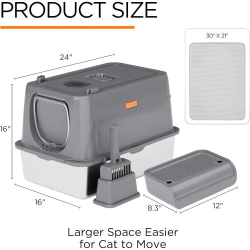 Trivic Stainless Steel Cat Litter Box with Lid,XL Extra Large Enclosed Removable Metal Litter Box with Litter Scoop&Double Layer Litter Mat,Non-Sticky，Non-Odor,Easy Cleaning, for Big Cats Dark Grey