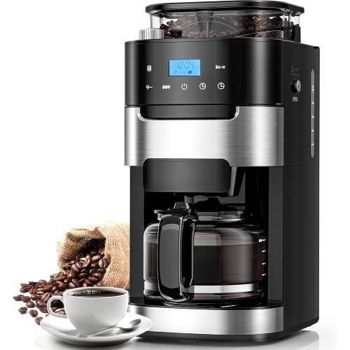10-Cup Drip Coffee Maker with Built-in Grinder, Programmable Grind & Brew, 220g Bean Hopper, Adjustable Grind Size & Coffee Strength, Descaling Alert, 24H Timer, 2H Keep Warm, LED Touchscreen