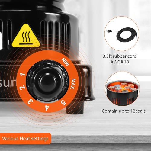 Electric Stove Coconut Charcoal Starter - ETL Approved Hot Plate Durable Faster Coal Burner 120V~600W with Detachable Handle Stainless Steel Grill & Rack Smart Heat Control Long Cable for BBQ Kitchen