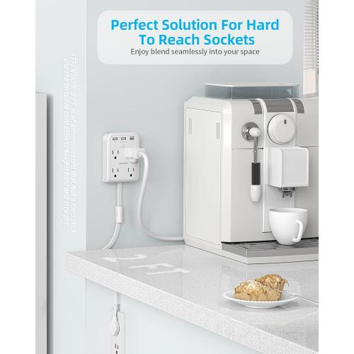 Short Power Strip 2FT - Flat Wall Extension Cord with 4AC Outlet and 3 USB Ports(1 Type C), Multi Plug Outlet Extender Small Surge Protector for Home Office Dorm, White