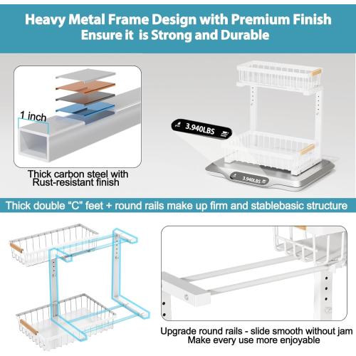 Under Sink Organizer 2 pack, 2 Tier Slide Out Under Sink Organizers And Storage, Height Adjustable Pull Out Cabinet Drawers, Kithcen Bathroom Metal Storage Caddy Shelf, White