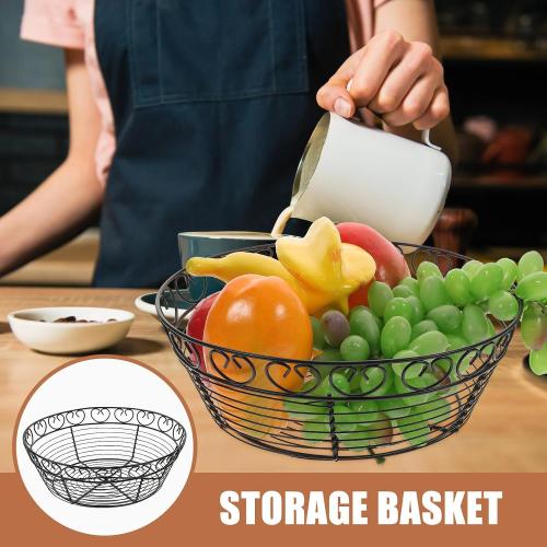 Iron Wire Bread Basket and Fruit Bowl for Kitchen Counter, Black Metal Wire Storage Basket, Round Home Fruit Holder for Table Centerpiece and Serving