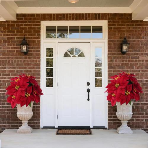 16“ Artificial Poinsettias Flowers for Outdoors Red Faux Christmas Poinsettia Plant 11 Heads Winter Flowers for Front Porch Garden Yard Patio Decor