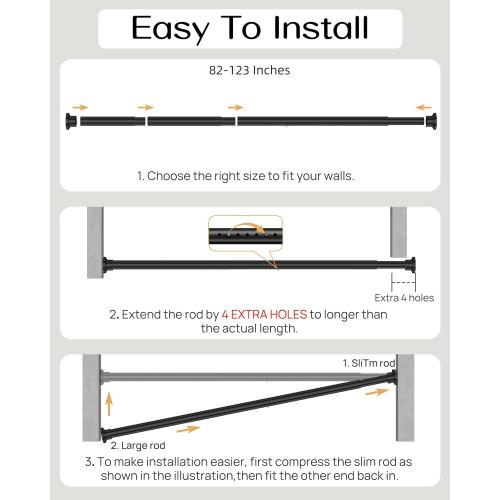 Tension Curtain Rod by EZFurni, 82 to 123 Inch Adjustable, No Drill Curtain Rods for Windows, Heavy Duty Tension Rod for Window Treatment, Room Divider with Blackout Curtains, Renter Friendly, Black