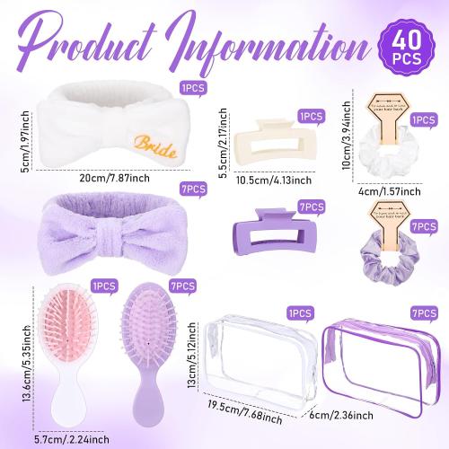40 Pcs Bachelorette Favor Set Include Headband Scrunchies Hair Claw Clips Hairbrush and Makeup Bag for Bridal Shower Party Gifts Bridesmaid Wedding Supplies(White and Purple)
