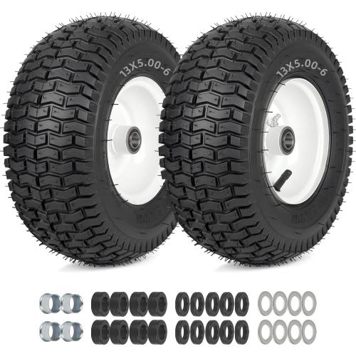 Size 13x5.00-6 Rubber Lawn Mower Tire and Wheel, 2 Pcs Replacement 13x5-6nhs Riding Mowers Lawn Pneumatic Tire with Bearing Bore 3/4 & 5/8, 3 -4.5 Centered Hub