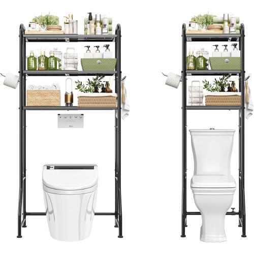 Simple Trending Expandable Over The Toilet Storage Rack, Metal 3 Tier Bathroom Organizer Shelf with Paper Holder and 3 Hooks, Black