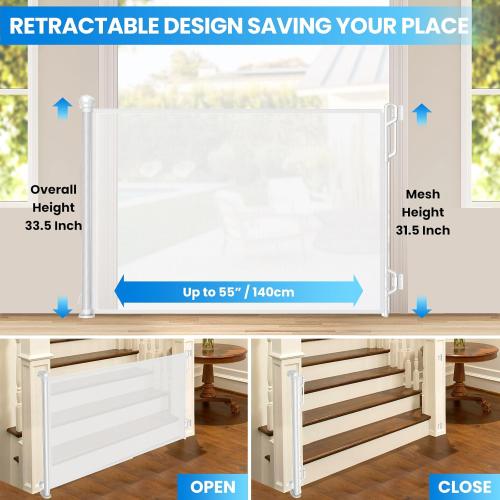 Retractable Safety Baby Gate or Mesh Dog Gate,Durable Portable Mesh Retractable Gate,Easy to Use for Stairs, Doorways, Hallways, Indoor, Outdoor, 33.5 Tall, Extends to 55 Wide,White