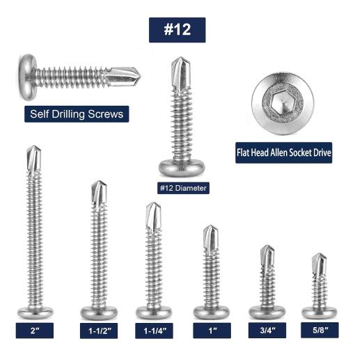12 x 1 Stainless Steel Flat Head Socket Cap Screws, 100Pcs, Allen Socket Drive, Self Tapping