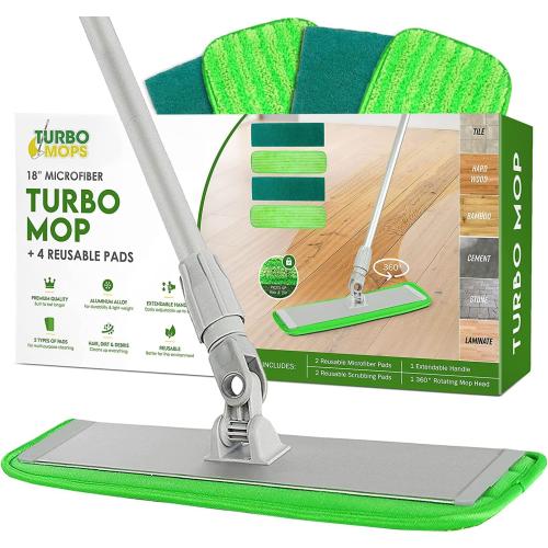 Turbo Microfiber Mop Floor Cleaning System - 18-inch Dust Mop with 4 Reusable Pads for Hardwood and Tile, 360-Spin Floor Mop Head & Extendable Handle - Household Cleaning Tools