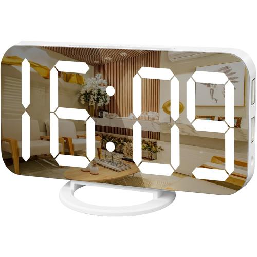 Digital Alarm Clock, Mirror LED Desk Clock with Large Display, White