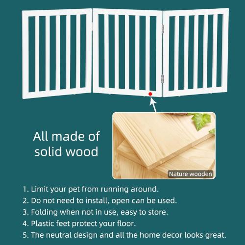 ZJSF Freestanding Indoor Dog Gate for House Foldable Wood White Puppy Gate for Doorways Pet Gate for Stairs Extra Wide Pet Fence 24 Height 3 Panels