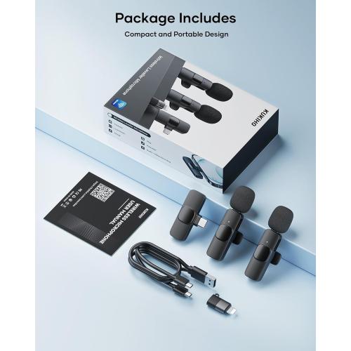 2 Pack Wireless Lavalier Microphone for iPhone iPad and Android Phone, Lapel Mic Plug and Play Wireless Mic Noise Reduction Mini Microphone for Video Recording Interview Podcast Vlog YouTube Tiktok