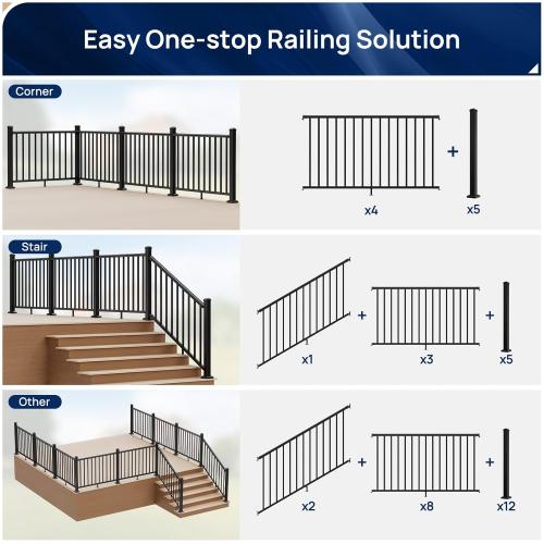 Egadis 3 Pack 2.56 in. x 2.56 in. x 39 in. Aluminum Deck Railing Post with Screws, Black Textured Outdoor Powder-Coat Finish Stair Post for Decks, Porches & Balconies (3 x 39in Posts)