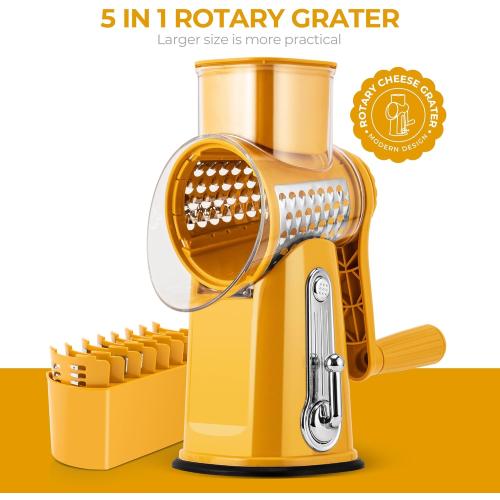 SUSTEAS Rotary Cheese Grater with Handle - Vegetable Shredder with 5 Well-designed Blades & Strong Suction Base,Round Mandoline Slicer & Food Chopper for Kitchen,with Blade Storage Box(Yellow)