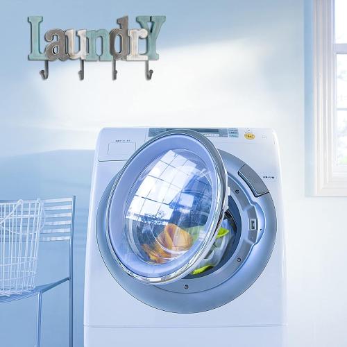 Linfevisi Wooden Laundry Sign Aqua Hanging Block Letters Sign Rustic Wood Word Decor Laundry Wall Sign Cutout Word Art Wall Decor Decorative Key Holder Hanger with 4 Hooks